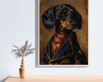 貴族風ダックスフントの版画、ルネサンス期の犬の肖像画（デジタル