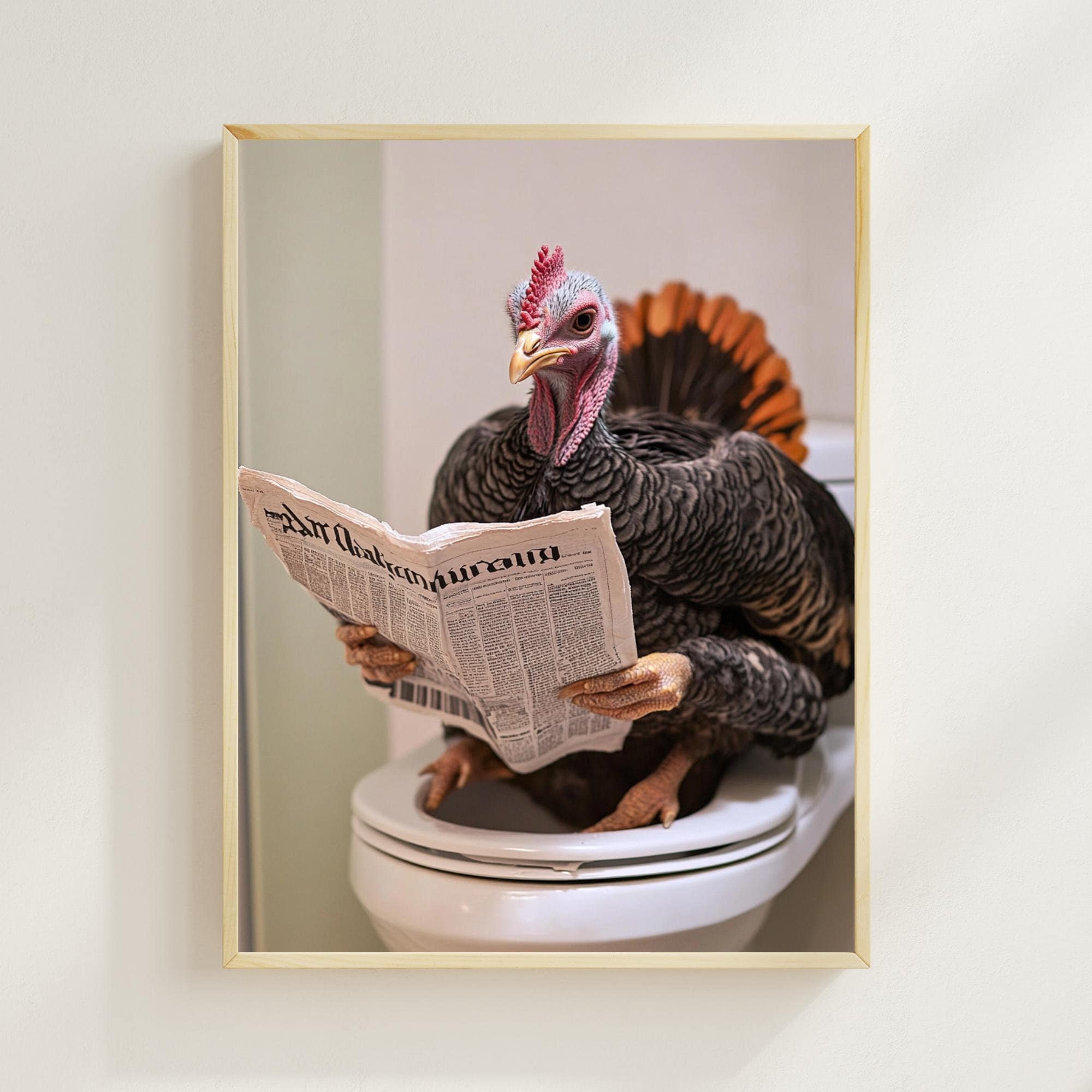 Turkey Sitting on the Toilet Reading a Newspaper, Funny Bathroom Wall Decor, Funny Animal Print, Quirky Home Printables, AI Digital Art