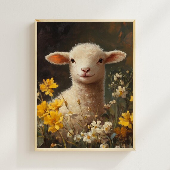 Watercolor Easter Lamb Print, Yellow Wildflowers, Nursery Decor