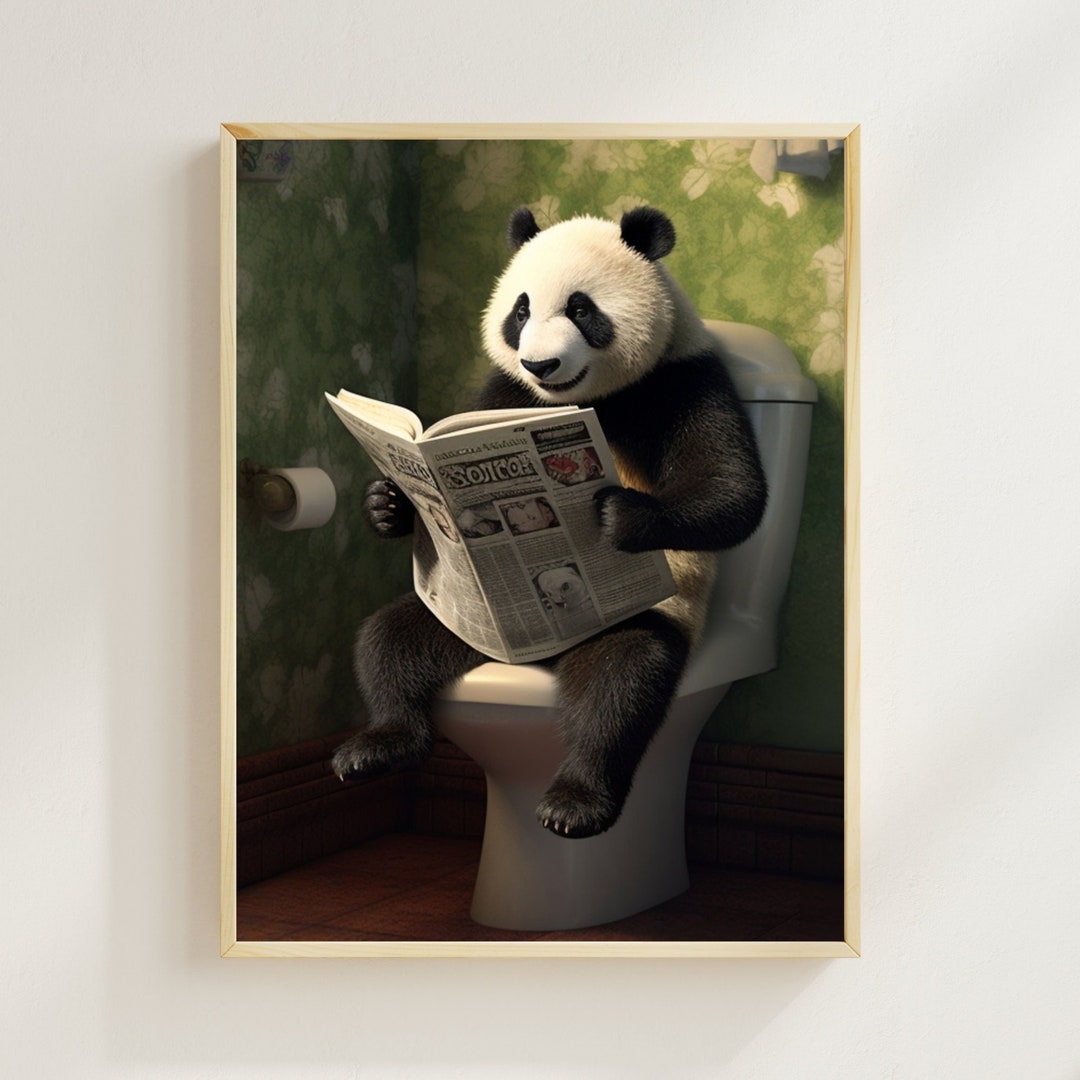 Panda Sitting on the Toilet Reading a Newspaper, Funny Bathroom Wall ...