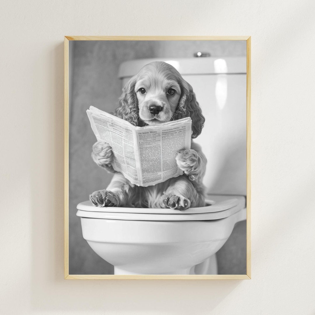 Cocker Spaniel Puppy Sitting on the Toilet Reading a Newspaper, Funny ...