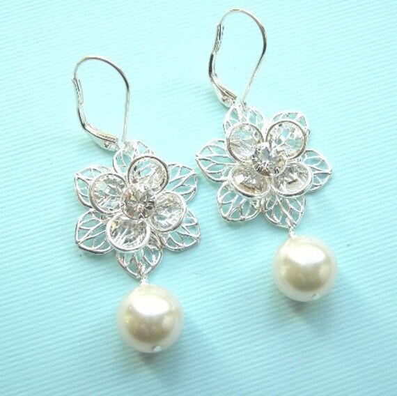 Items similar to Silver Filigree Lily Crystal Earrings (Ivory) on Etsy