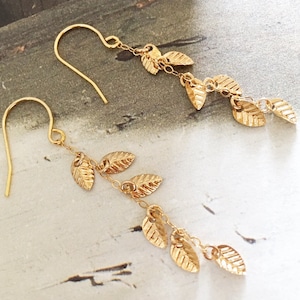 Gold leaf dangle earrings, tiny gold leaves