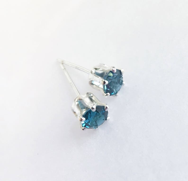 Genuine London Blue Topaz stud earrings in Sterling Silver 4 | Etsy