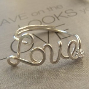 Love Ring with Crystal, Love ring in Sterling Silver, Adjustable Love Ring, Script Love Ring, Sterling Silver Love Ring