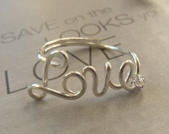 Love Ring with Crystal, Love ring in Sterling Silver, Adjustable Love Ring, Script Love Ring, Sterling Silver Love Ring