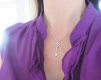Sterling Silver Key Necklace, Sterling Scrolled Key Necklace