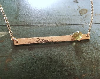 Peridot gold bar necklace, 14k gold filled bar necklace