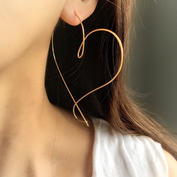 Extra Large Heart Hoop Earrings, Argentium Silver, 3 inch earrings