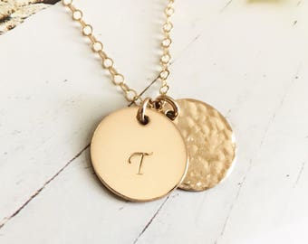 14K Gold Filled Double Disc Necklace, Personalized Gold Disc Necklace, 14K Gold Filled Initial Necklace
