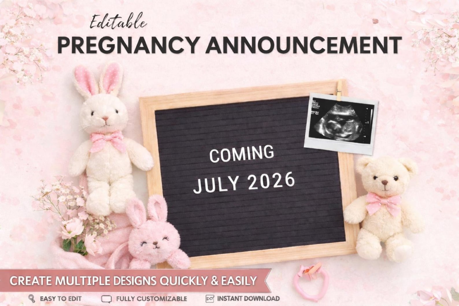 Editable Pregnancy Announcement Template • Pink Baby Girl Letterboard