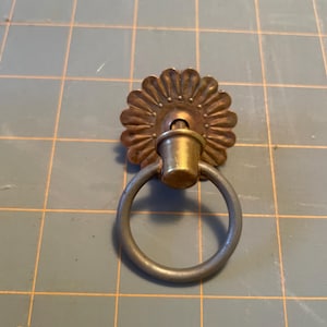 Pode incluir: Um puxador de gaveta de estilo vintage com acabamento em bronze. O puxador apresenta uma placa traseira decorativa em forma de flor e uma alça de anel circular. A ferragem é feita de metal e foi projetada para móveis. O design geral é antigo e decorativo.