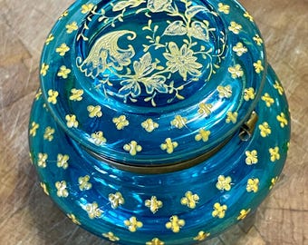 アンティークの小物入れ / 化粧台用ボックス ターコイズブルーガラス