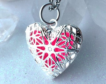 Pink Mystic Heart Glow Locket Glowing in the dark Silver