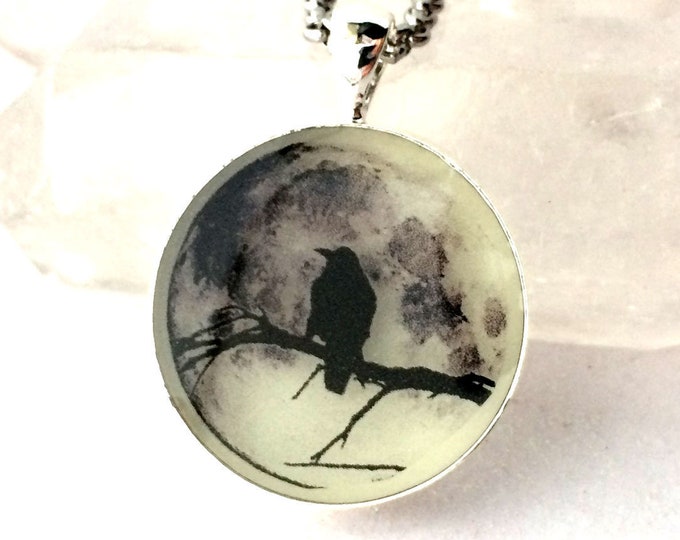 Black Raven in Tree with Real Full Moon Glow in the dark Gun Metal Pendant