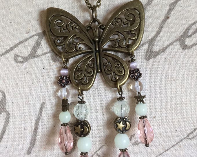 Glowing Beaded Galaxy Butterfly Galaxy Boho Chic Moon and Stars Pink Crystal Teardrop Handmade Statement Necklace Antiqued Brass