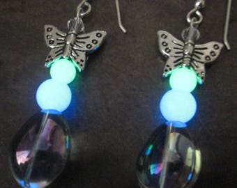 Handmade Butterfly Blue & Green Glow Glass Earrings with Sterling Silver Hooks Fairy Boho Mermaid Magical Glowing Dangles
