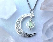 Crescent Moon Glow Locket Orb Magic Necklace Glowing Galaxy Luna Celestial Space Jewelry Handmade Silver Filigree Pendant Glows in the Dark