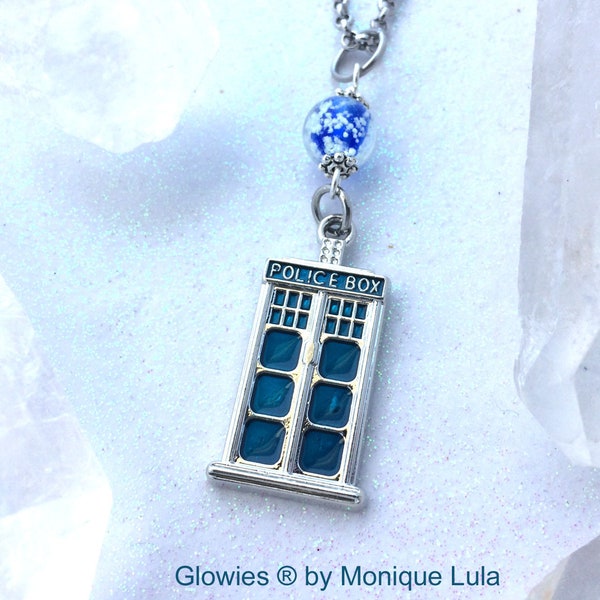 Tardis Glowing Orb Magic Necklace Doctor Who Whovian Space Galaxy Time Travel Universe Jewelry Pendant Handmade with Free UV Light Charger