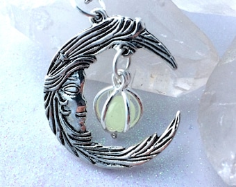 Crescent Moon With Caged Orb Glow Locket in silver or bronze glow  in the dark jewelry