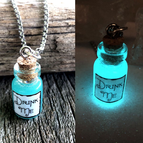 Alice Drink Me Bottle Glow in the dark Potion Jar Necklace