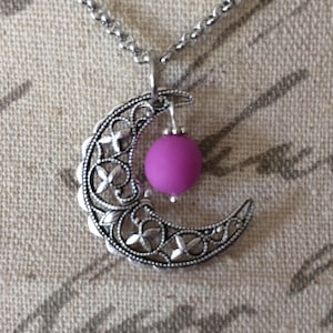 Vintage Crescent Moon Glow Necklace Glowing Violet Purple Orb Handmade Filigree Silver Handmade Magical Moon Jewelry Glow in the Dark Moon