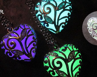 Glowing Heart Necklace, Heart of Winter, Frozen Forest, Glow in the Dark Necklace Magic Fairy Crystal Light Pendant Silver Jewelry Fantasy