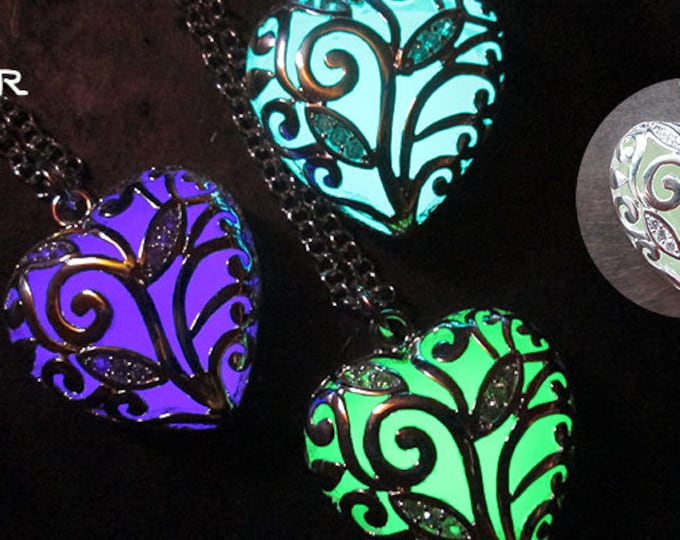 Glowing Heart Necklace, Heart of Winter, Frozen Forest, Glow in the Dark Necklace Magic Fairy Crystal Light Pendant Silver Jewelry Fantasy