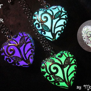 Heart of Winter Frozen Forest Glow in the Dark Magic Necklace UV Light USA Made Glowie Pendant Crystals Filigree Silver Glowing Love Jewelry