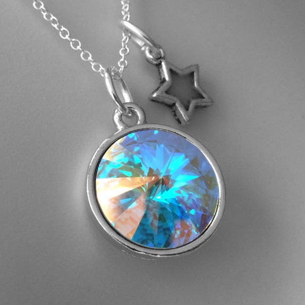 Aurora Borealis Crystal with Glow Star Charm Magic Necklace Silver Glowing Celestial Galaxy Handmade Glowies Jewelry