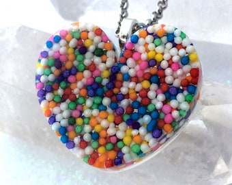 Real Candy Rainbow Sprinkle Heart 1.25" Handmade Necklace