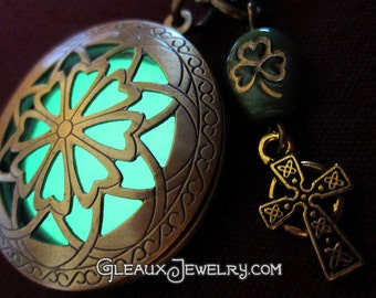 Celtic Cross Glow Locket Shamrock Charm Necklace