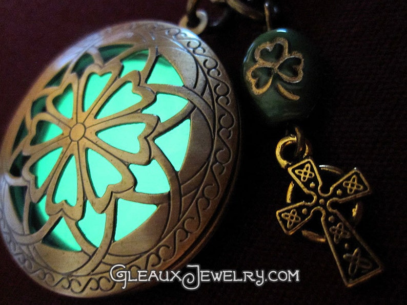 Celtic Cross Glow Locket Shamrock Charm Necklace image 1