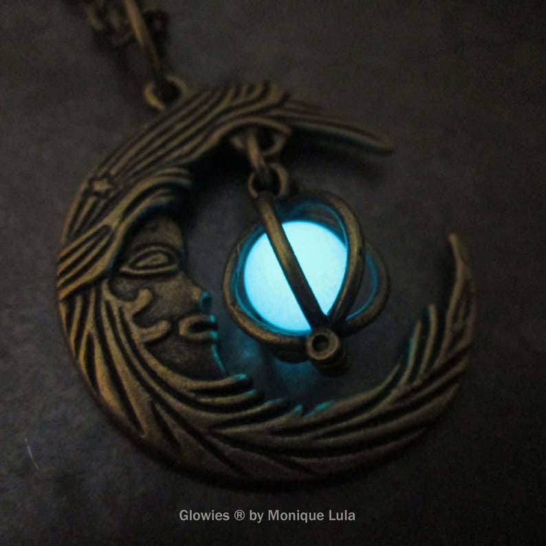 Crescent Moon With Caged Orb Glow Locket in silver or bronze glow in the dark jewelry