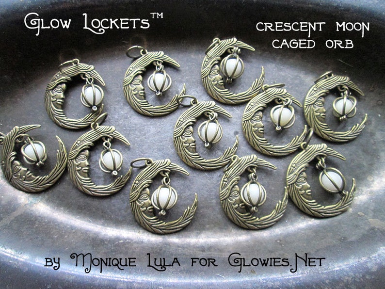 Crescent Moon With Caged Orb Glow Locket in silver or bronze glow in the dark jewelry