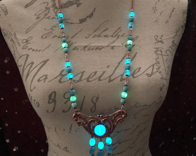 Rose Gold Larimar Glowing Long Beaded Necklace with Goddess Face