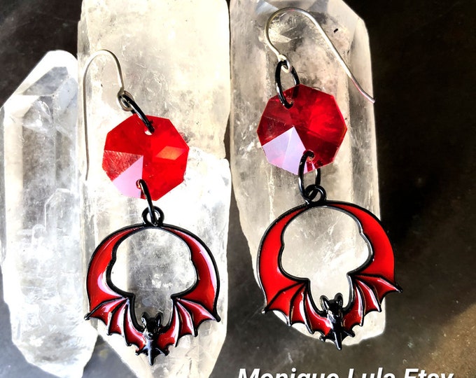 Red Vampire Bat Sun-Catcher Glass Earrings