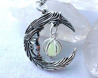 Crescent Moon With Caged Orb Glow Locket in Bronze or Silver