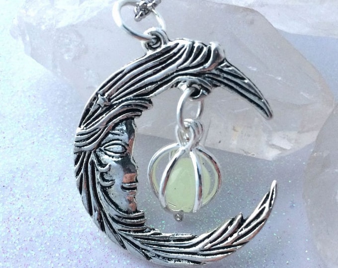 Silver Crescent Moon With Caged Orb Glow Locket