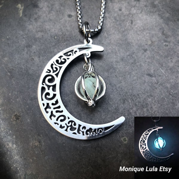 The Original Crescent Moon Glow Orb Necklace Stainless Steel