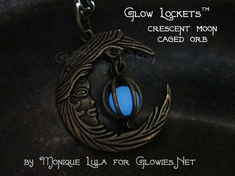 Crescent Moon With Caged Orb Glow Locket in silver or bronze glow in the dark jewelry