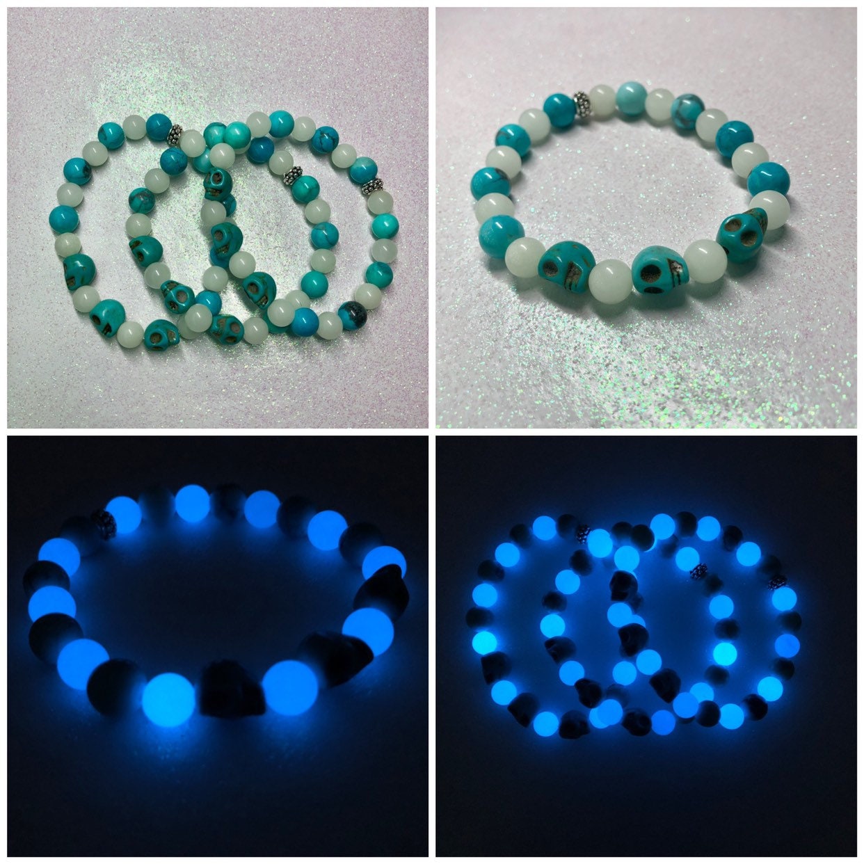 Turquoise Bracelet / Glow in the Dark / Blue Howlite / Skull Beads /  Stretch / Gemstone / Halloween Jewelry / Glowing /