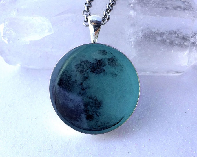 Blue Glowing Moon, Full Moon Necklace, Magic Necklace Glow in the Dark Luna Celestial Space Galaxy Pendant Glowies Light Handmade Jewelry