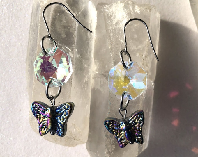 Aurora Borealis Butterfly Sun-Catcher Crystal Glass Earrings