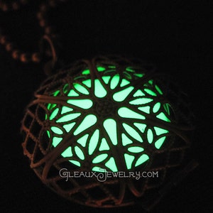 Green Glow in the Dark Antiqued Brass Filigree Locket image 1