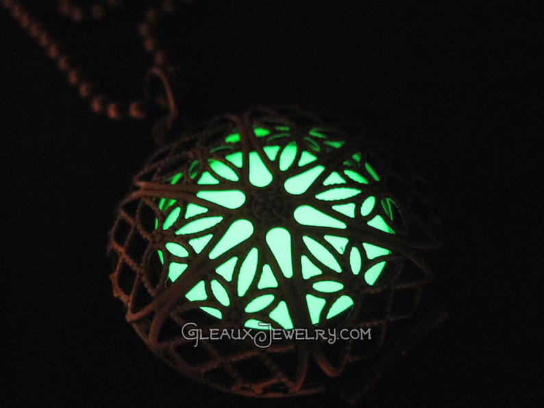 Green Glow in the Dark Antiqued Brass Filigree Locket image 1