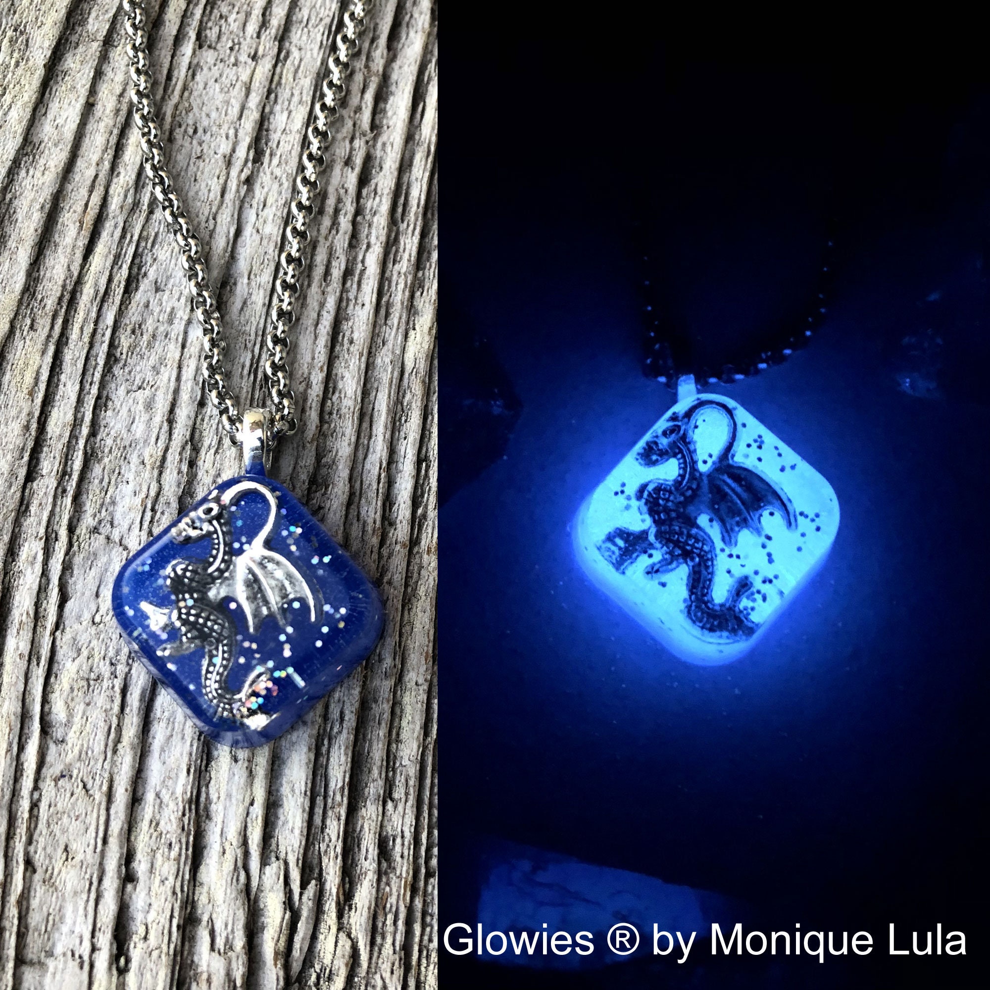 Glowies Glow Jewelry Art & Decor - Silver Dragon inside Lula Heart glow in  the dark necklace