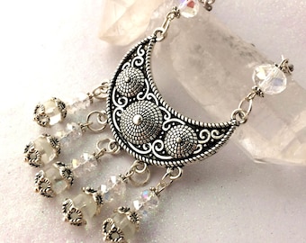 Crystal Glow Necklace Boho Chic Crescent Moon Glowing Beaded Statement Handmade Antique Silver Moon Vintage Style Glow in the Dark Jewelry