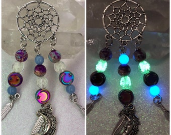 Dreamcatcher Gemstone Beads Pendant Necklace / Blue Purple Jasper / Moon Hematite / Galaxy Dream Catcher / Glow in the Dark Jewelry