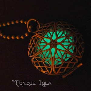 Green Glow in the Dark Antiqued Brass Filigree Locket image 3